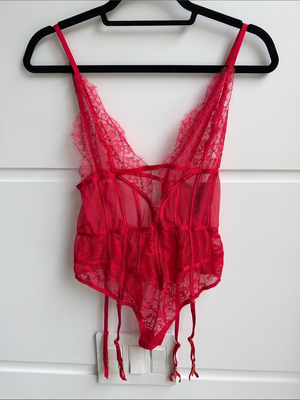 Victoria's Secret Red Lace Mesh Teddy Bodysuit with Garter Straps new no tags